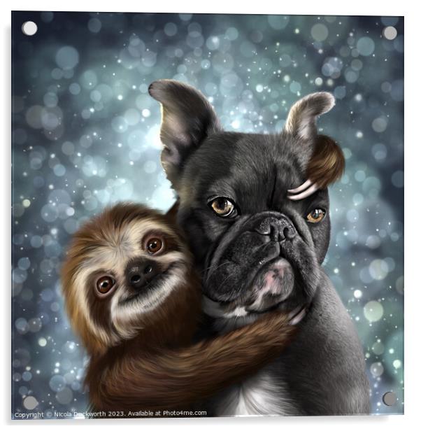 A Frenchie and a Sloth hug Acrylic by Nicola Duckworth