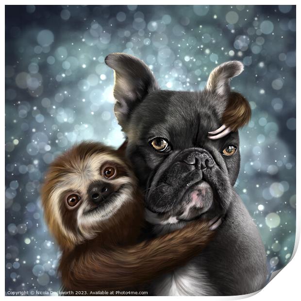 A Frenchie and a Sloth hug Print by Nicola Duckworth