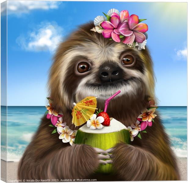 A Sloth on the beach with a cocktail Canvas Print by Nicola Duckworth