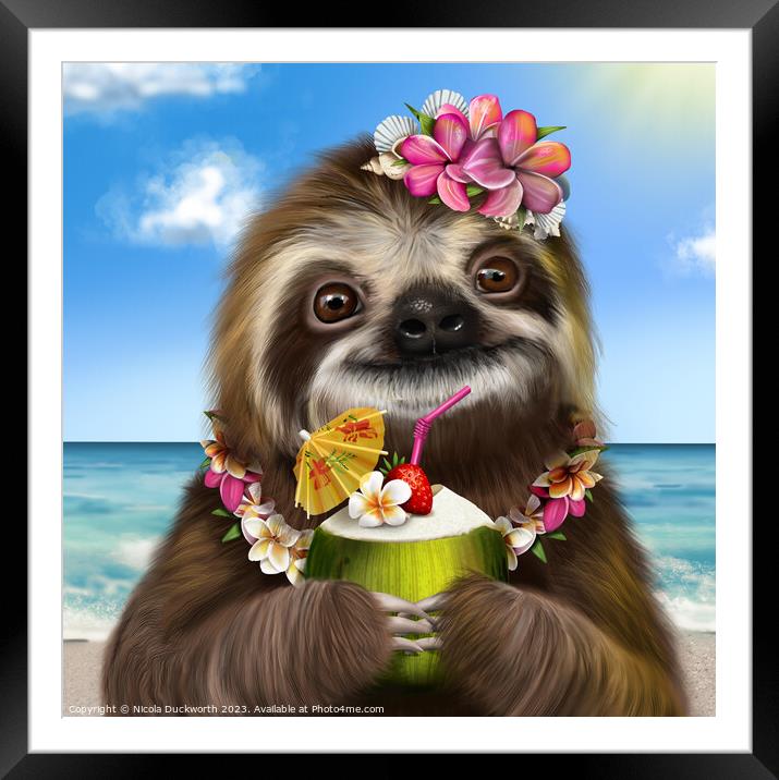 A Sloth on the beach with a cocktail Framed Mounted Print by Nicola Duckworth