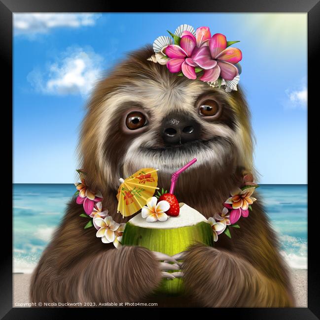 A Sloth on the beach with a cocktail Framed Print by Nicola Duckworth
