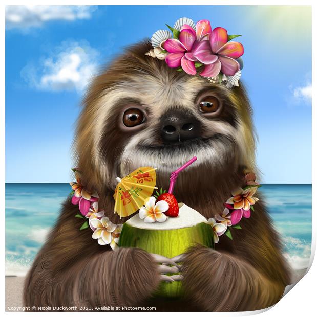 A Sloth on the beach with a cocktail Print by Nicola Duckworth