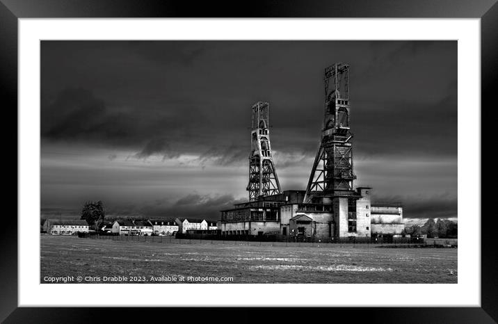 Clipstone Headstocks in monochrome Framed Mounted Print by Chris Drabble