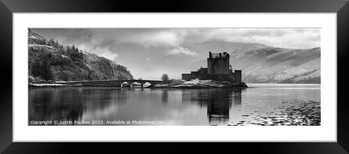 Eilean Donan Castle Black and White Panorama Framed Mounted Print by Justin Foulkes