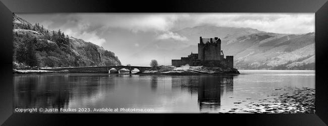 Eilean Donan Castle Black and White Panorama Framed Print by Justin Foulkes