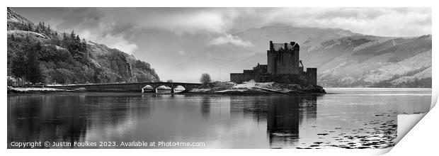 Eilean Donan Castle Black and White Panorama Print by Justin Foulkes