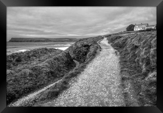 Daymer Bay Trebetherick towards Greenaway cove bw Framed Print by Helkoryo Photography