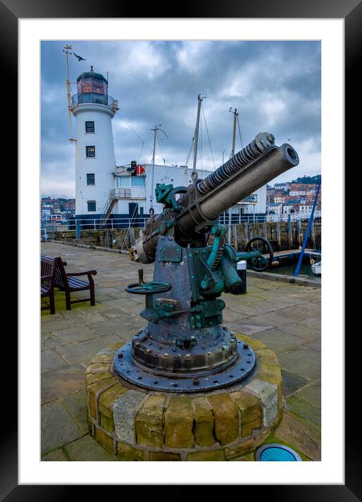 Scarborough Lighthouse And Gun Framed Mounted Print by Steve Smith