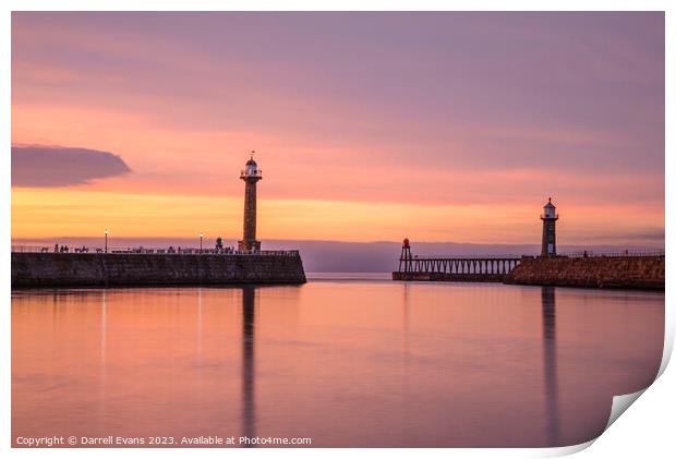Whitby harbour at sunset Print by Darrell Evans
