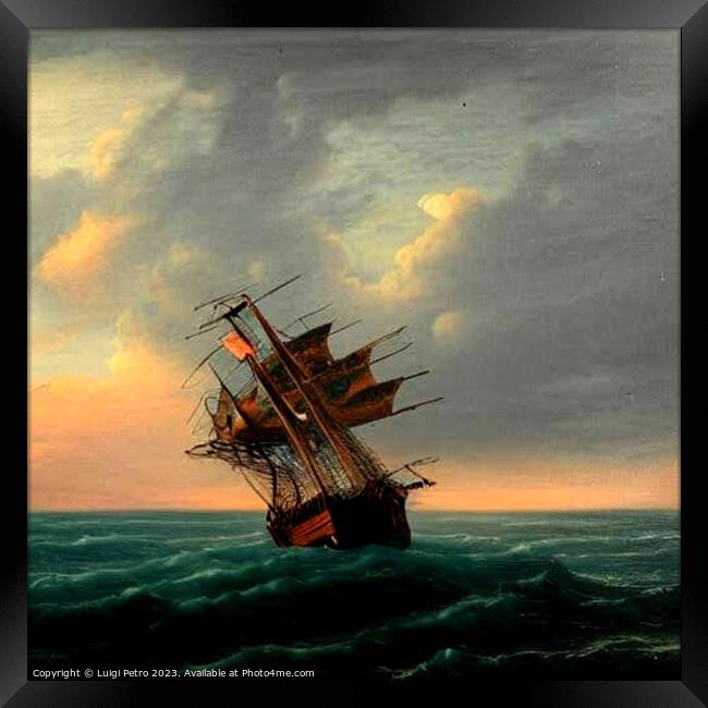 A huge ship sails on a stormy sea. AI generated. Framed Print by Luigi Petro
