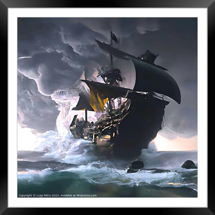 A huge ship sails on a stormy sea. AI generated. Framed Mounted Print by Luigi Petro