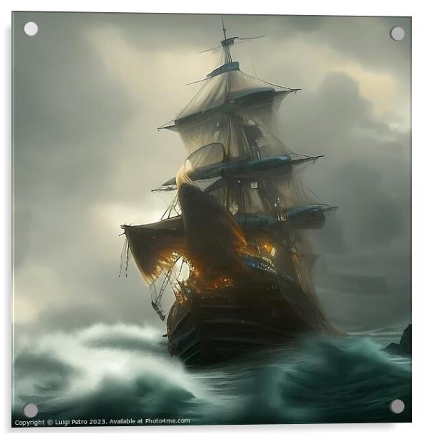 A huge ship sails on a stormy sea. AI generated. Acrylic by Luigi Petro