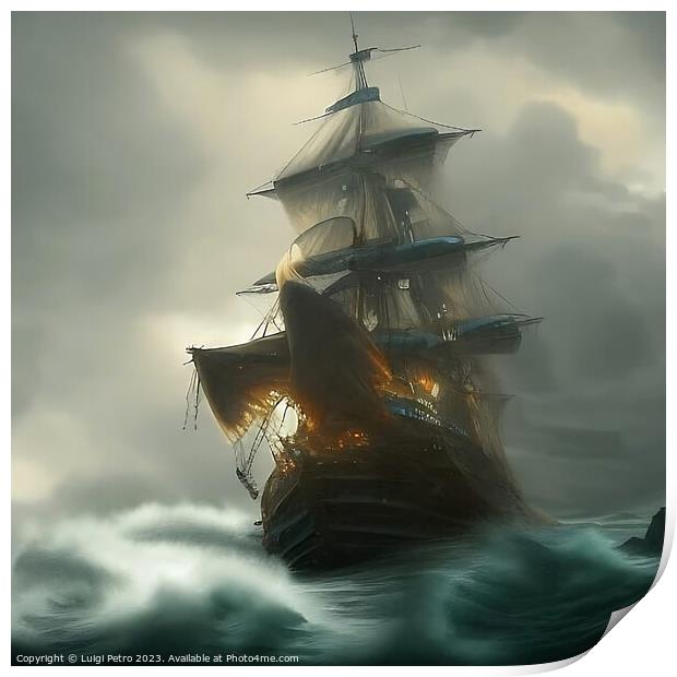 A huge ship sails on a stormy sea. AI generated. Print by Luigi Petro