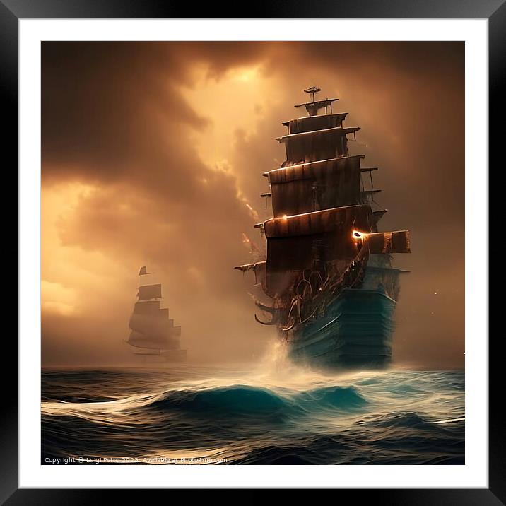 A huge ship sails on a stormy sea. AI generated. Framed Mounted Print by Luigi Petro
