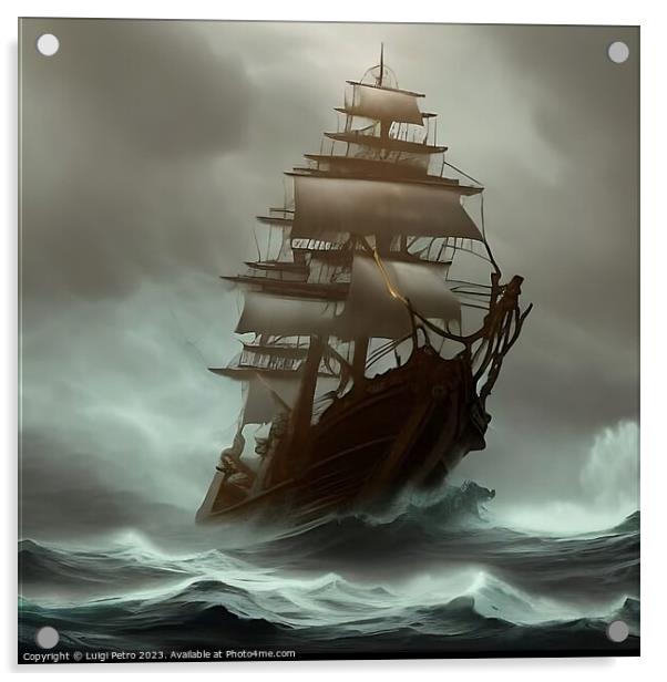 A huge ship sails on a stormy sea. AI generated. Acrylic by Luigi Petro
