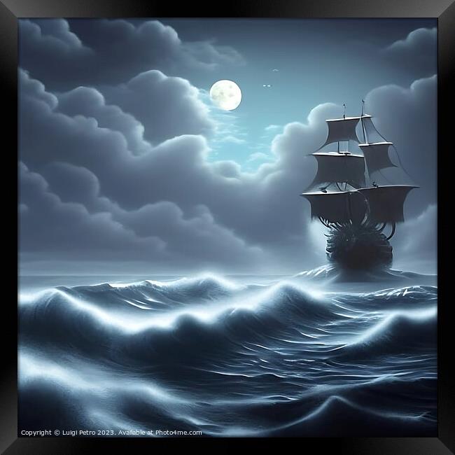 The Mighty Galleon Battles the Fierce Storm Framed Print by Luigi Petro