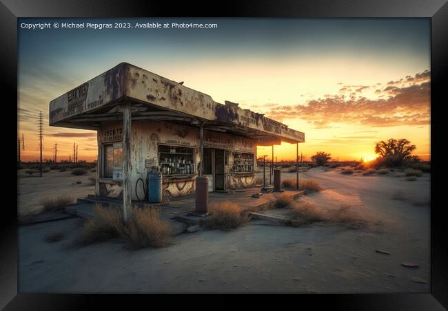 An old abandoned petrol station on a road in the desert created  Framed Print by Michael Piepgras