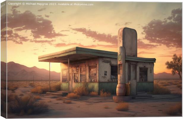 An old abandoned petrol station on a road in the desert created  Canvas Print by Michael Piepgras