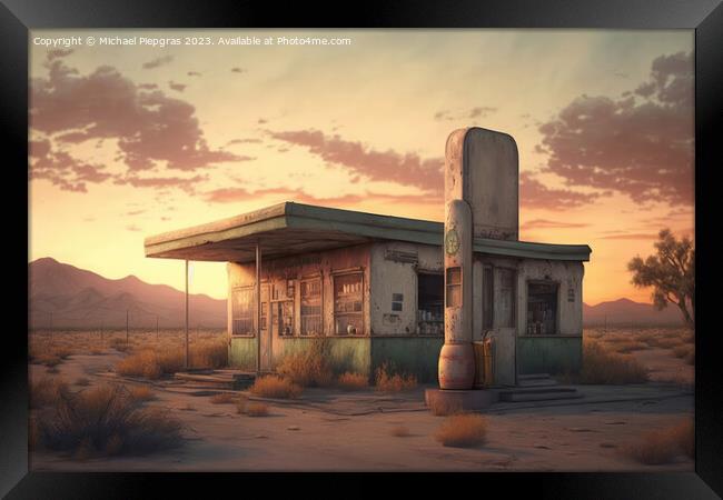 An old abandoned petrol station on a road in the desert created  Framed Print by Michael Piepgras