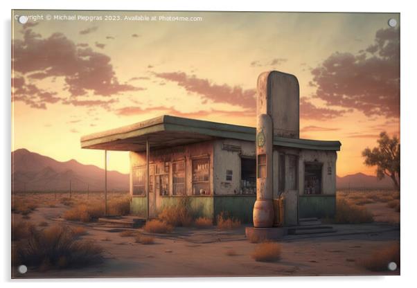 An old abandoned petrol station on a road in the desert created  Acrylic by Michael Piepgras