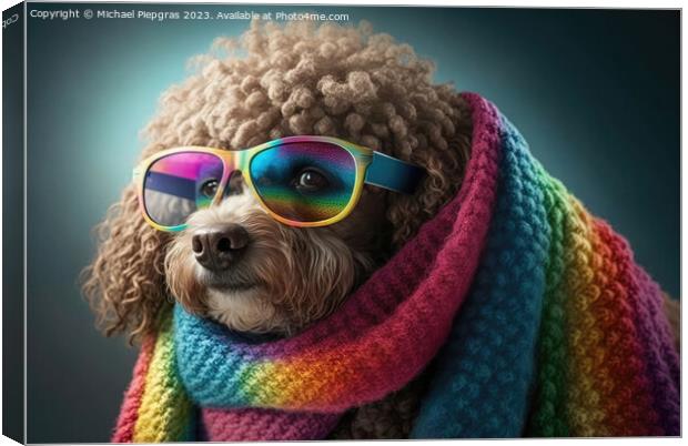 A cute poodle with a scarf in rule sheet colours and sunglasses  Canvas Print by Michael Piepgras