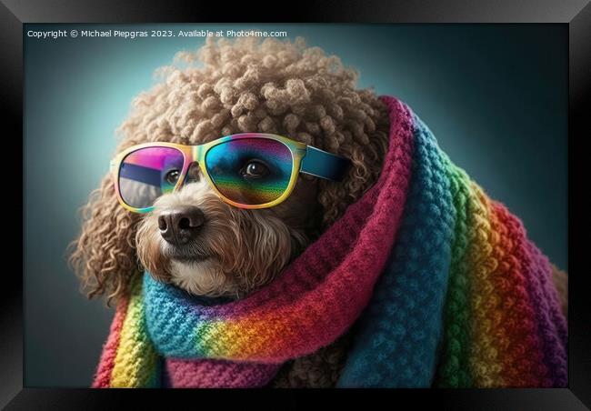 A cute poodle with a scarf in rule sheet colours and sunglasses  Framed Print by Michael Piepgras