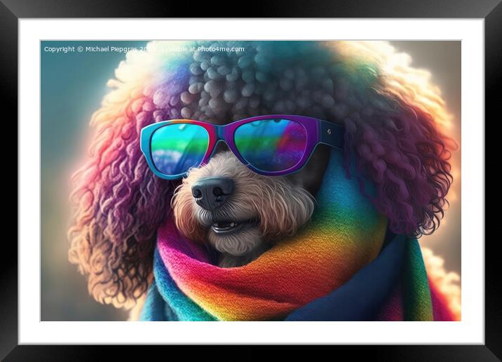A cute poodle with a scarf in rule sheet colours and sunglasses  Framed Mounted Print by Michael Piepgras