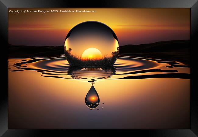 A large drop of water falls into a water surface in the sunset c Framed Print by Michael Piepgras