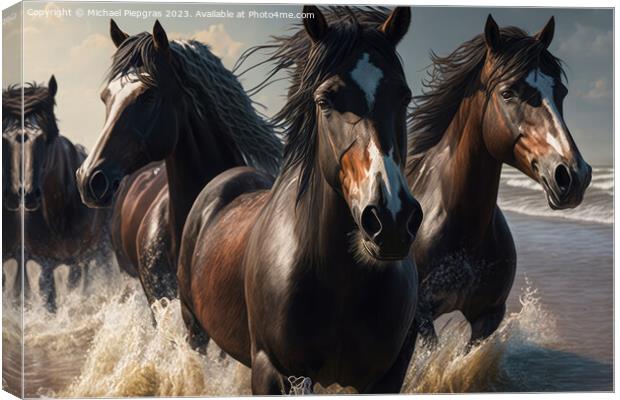 Wild horses galloping through the water on the beach, close-up,  Canvas Print by Michael Piepgras