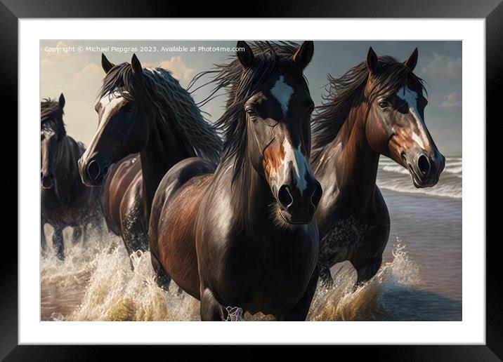 Wild horses galloping through the water on the beach, close-up,  Framed Mounted Print by Michael Piepgras