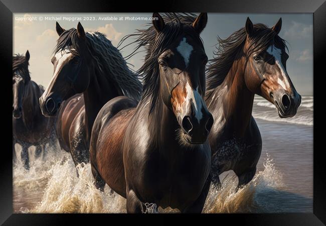Wild horses galloping through the water on the beach, close-up,  Framed Print by Michael Piepgras