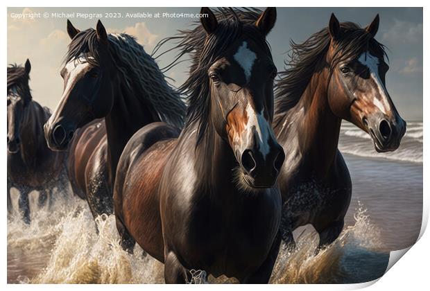 Wild horses galloping through the water on the beach, close-up,  Print by Michael Piepgras