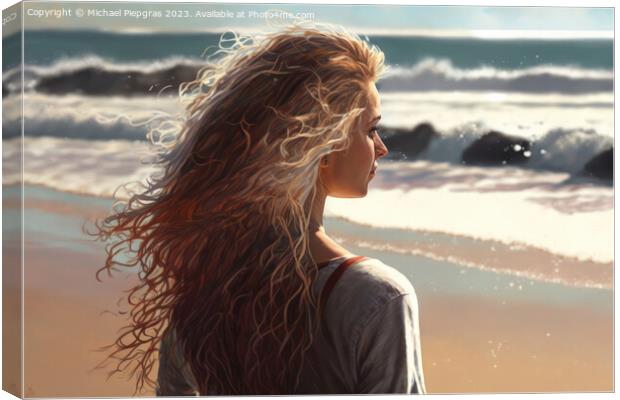 A young woman looks alone at the waves on a beach created with g Canvas Print by Michael Piepgras