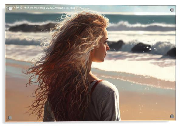 A young woman looks alone at the waves on a beach created with g Acrylic by Michael Piepgras