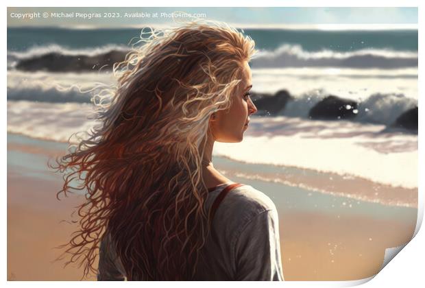 A young woman looks alone at the waves on a beach created with g Print by Michael Piepgras