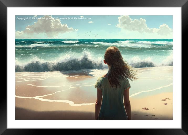 A young woman looks alone at the waves on a beach created with g Framed Mounted Print by Michael Piepgras
