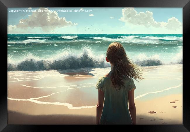A young woman looks alone at the waves on a beach created with g Framed Print by Michael Piepgras
