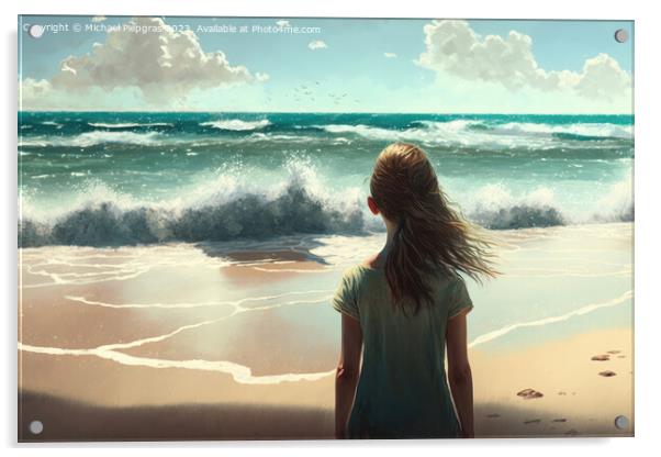A young woman looks alone at the waves on a beach created with g Acrylic by Michael Piepgras