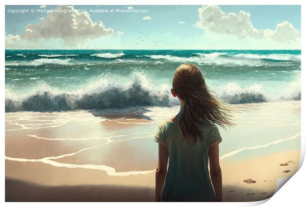 A young woman looks alone at the waves on a beach created with g Print by Michael Piepgras