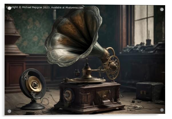 An old vintage gramophone in steampunk style stands in an almost Acrylic by Michael Piepgras