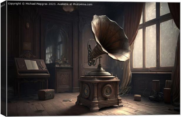 An old vintage gramophone in steampunk style stands in an almost Canvas Print by Michael Piepgras