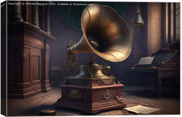 An old vintage gramophone in steampunk style stands in an almost Canvas Print by Michael Piepgras