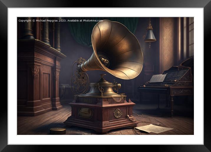 An old vintage gramophone in steampunk style stands in an almost Framed Mounted Print by Michael Piepgras