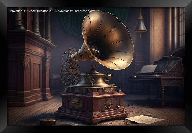 An old vintage gramophone in steampunk style stands in an almost Framed Print by Michael Piepgras