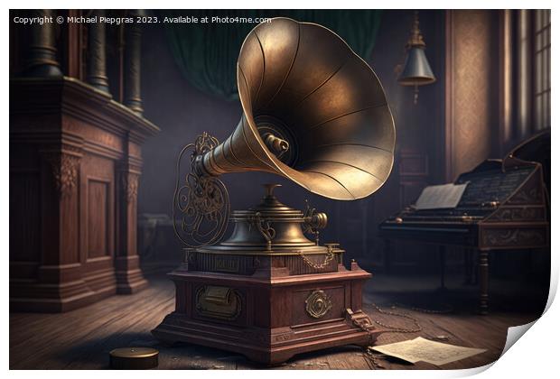 An old vintage gramophone in steampunk style stands in an almost Print by Michael Piepgras
