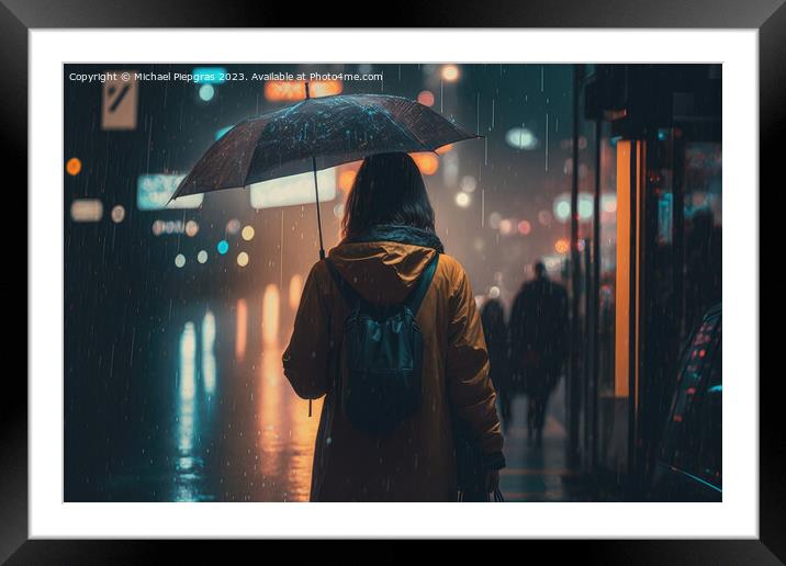A young woman with an umbrella walks in a modern city at night a Framed Mounted Print by Michael Piepgras