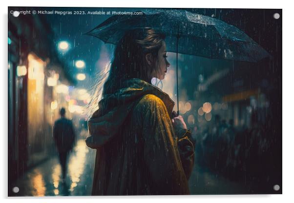 A young woman with an umbrella walks in a modern city at night a Acrylic by Michael Piepgras