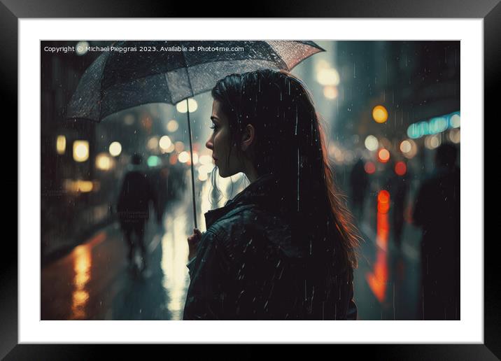 A young woman with an umbrella walks in a modern city at night a Framed Mounted Print by Michael Piepgras
