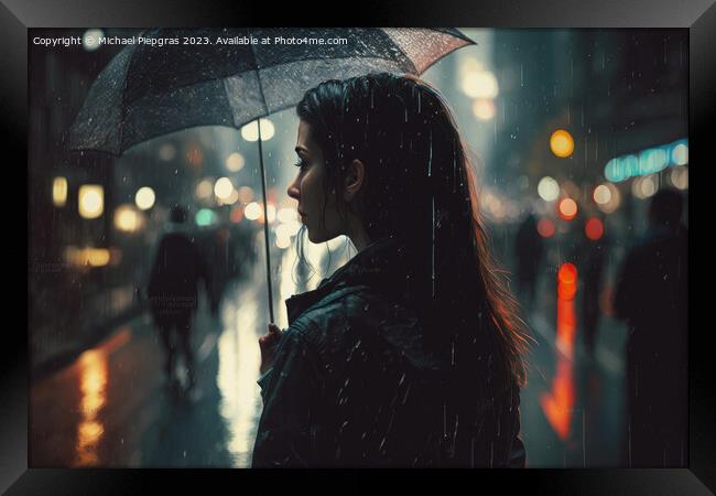 A young woman with an umbrella walks in a modern city at night a Framed Print by Michael Piepgras