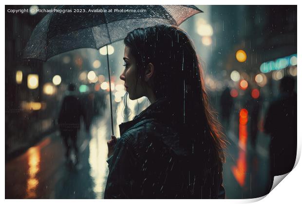 A young woman with an umbrella walks in a modern city at night a Print by Michael Piepgras